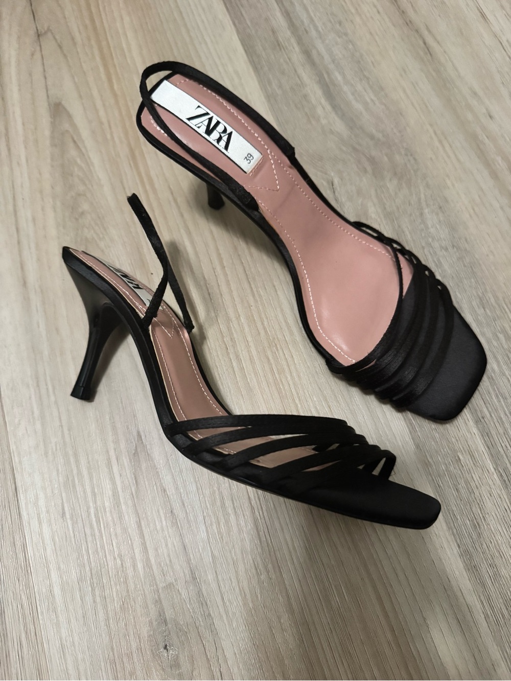 Zara Black Satin Strappy Slingback Kitten Heels Size 8 / 39